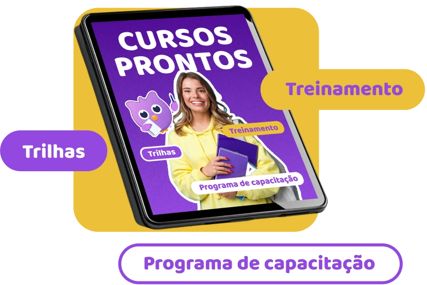Imagem de um tablet exibindo a capa de cursos prontos da plataforma lms da twygo, com uma jovem segurando materiais de estudo. Ideal para quem busca programas de capacitação.